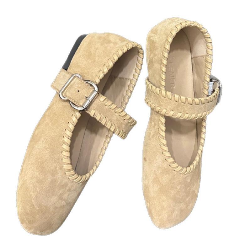 Retro Woven Suede Square Head Word with Shallow Mouth Gentle Evening Breeze Flat Bottom Mary Jane Single Shoes Women
