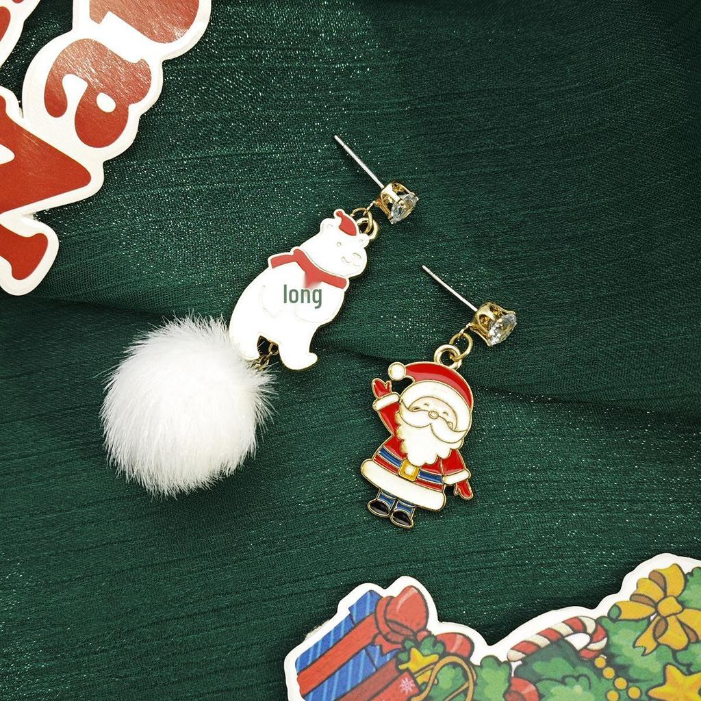 Silver Needle Cartoon Christmas Earrings: Asymmetrical Snowman & Elk with Fur Ball Pendants