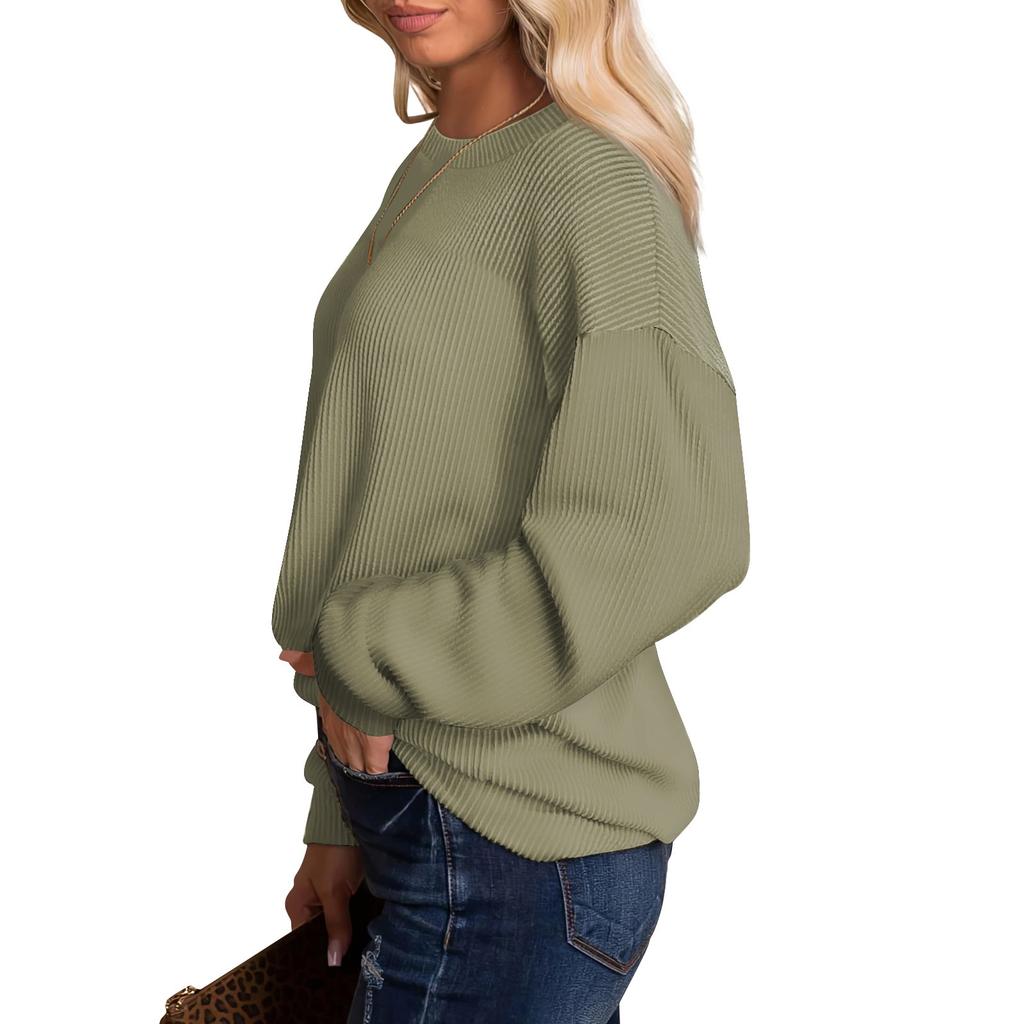 Moterų madingas vienspalvis siūlų ilgomis rankovėmis laisvas apvalios iškirptės megztukas