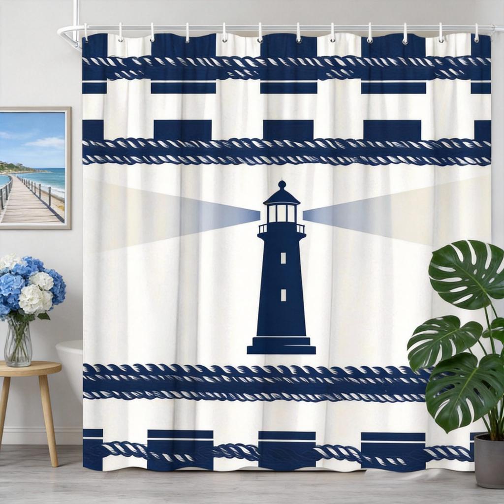 Nautical Shower Curtain 180x180cm – Dark Blue Anchor & Rope Design, Coastal Bathroom Decor, 12 Hooks