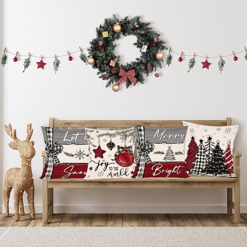 4pcs Rustic Christmas Throw Pillow Covers Winter Holiday Farmhouse Decorative Pillowcases for Home Sofa Couch Christmas Deocr