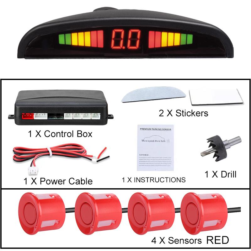 New LED Parking Sensor System Backlight Parktronic Monitor Display Kit Backup Detector Assistant 4 Probes