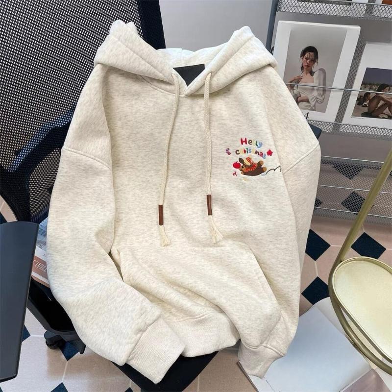 Women Cartoon Dog Embroidered Hoodies Korean Loose Fleece Hooded Sweatshirt Winter Versatile Ladies Pullover Top