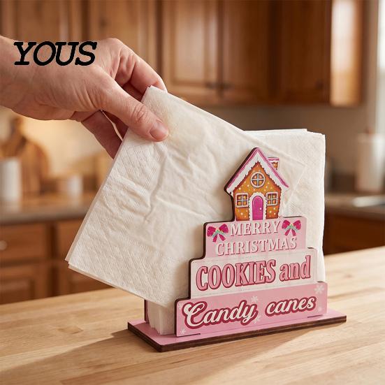 Festive Home Accents Wooden Christmas Napkin Holder, Rustic Farmhouse Tissue Dispenser, Pink Merry Hand Painted Wood Decor Cocktail Holder for Dining