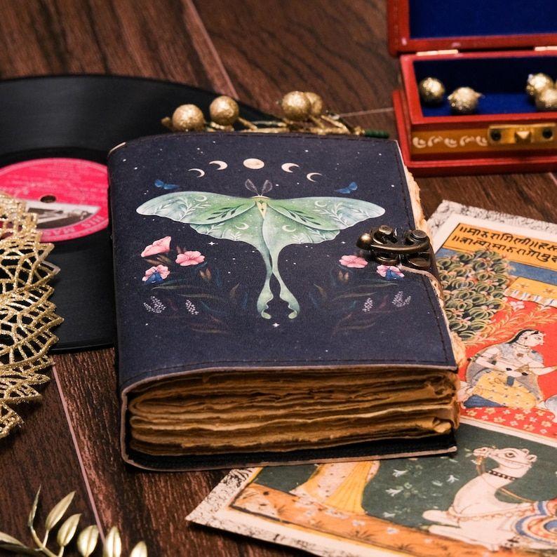 Blank Spell Book of Shadows Journal with Lock Clasp | Vintage Handmade Leather Luna Moth Butterfly Diary | Pagan Witchcraft Wiccan Notebook
