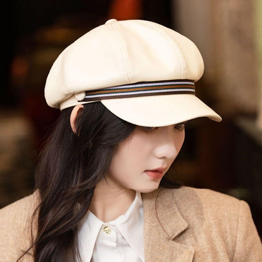 Windproof Octagonal Hat Warm Painter Hat Personality Pu Leather Beret  Girl