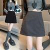 Women's High Waist Gray Plaid A-Line Wool Skirt - Petite, Anti-Exposure, Autumn/Winter Style