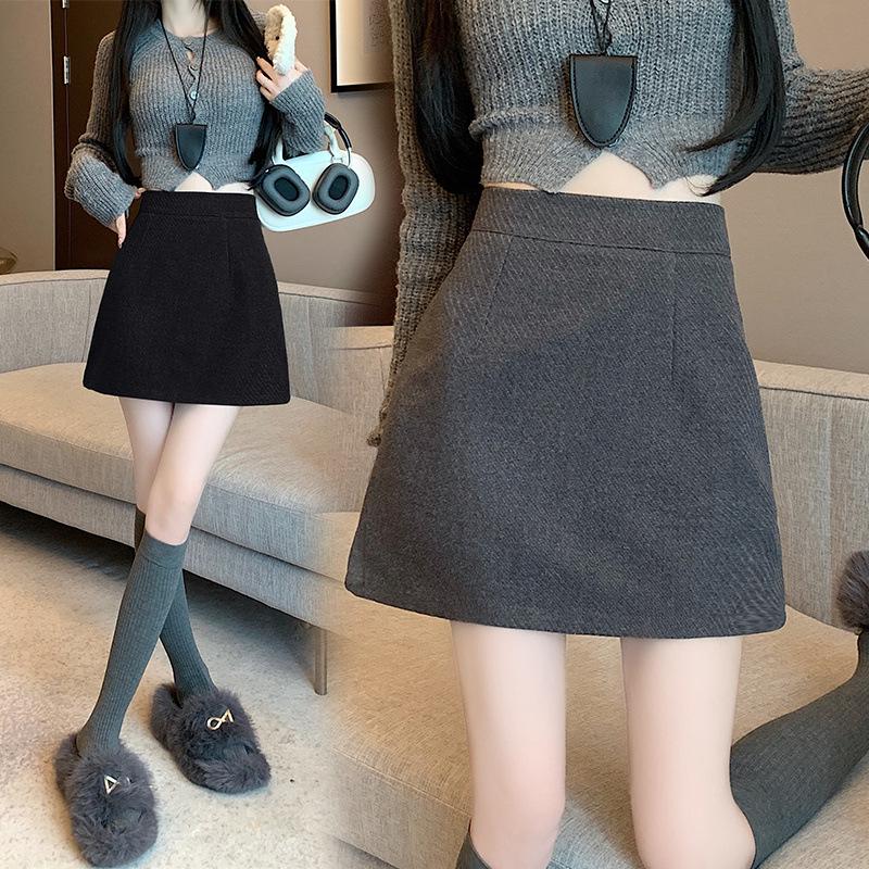 Women's High Waist Gray Plaid A-Line Wool Skirt - Petite, Anti-Exposure, Autumn/Winter Style