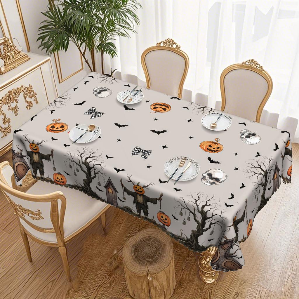 1 Retro Halloween Tablecloth, Brown Skull Background, Country Grid And Pumpkin, Halloween Gift