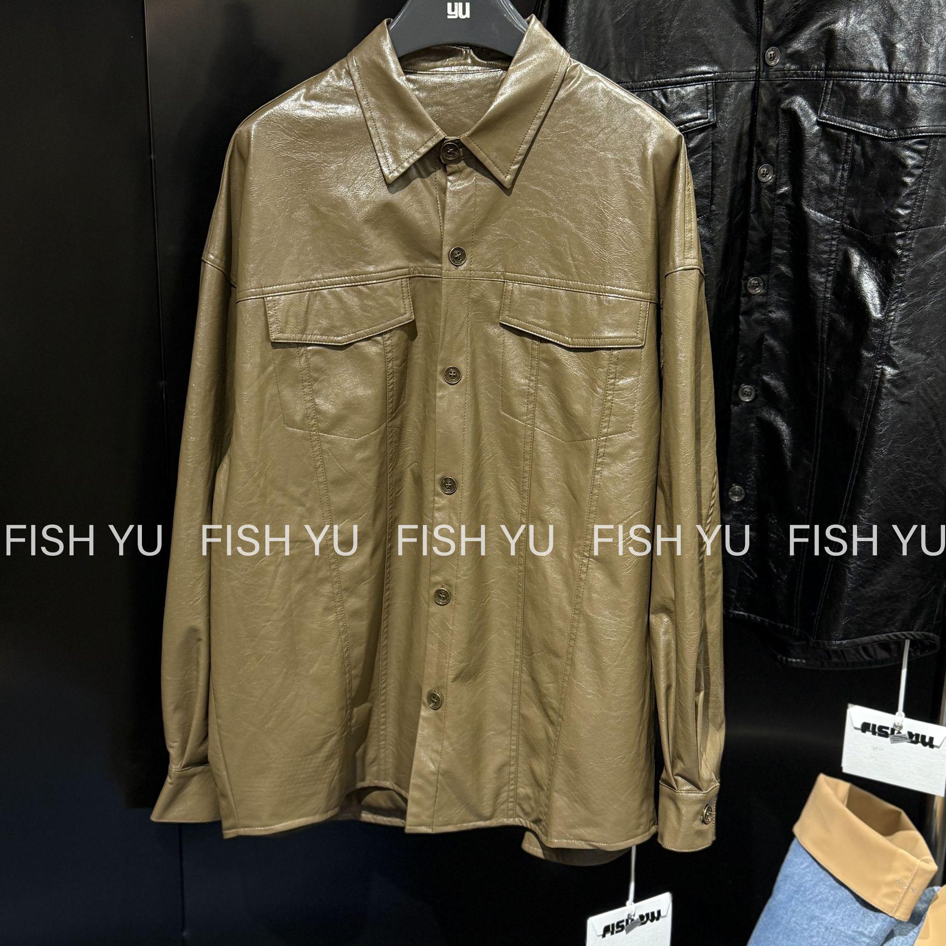 

FISHYU Ранняя осень Ретро Корейский Хай-стрит Свободная Блестящая Кожаная Куртка с Лацканами One Size кофейный