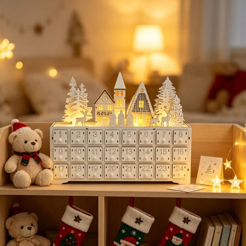 Freestanding Wooden Advent Calendar, 24 Numbered Drawers with Christmas Village Artwork for Shelf Counter Cabinet Display and Daily Opening