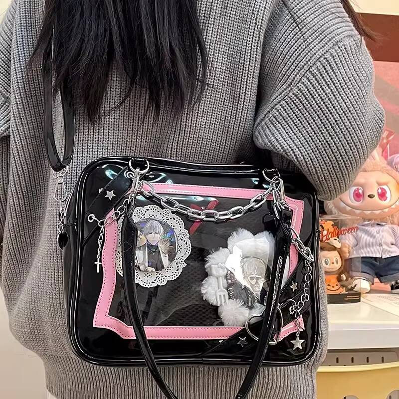 Y2K Cool Hot Ita Shoulder Bag Harajuku Girls Gothic Chain Transparent Tote Bag Large Capacity Crossbody Bag DIY Display Handbags