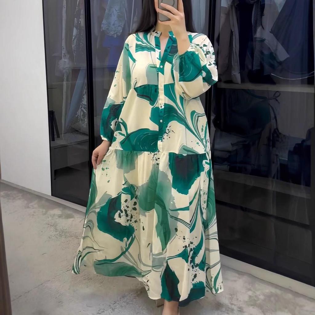 2025 European & American Long Sleeve V-Neck Casual Printed Dress