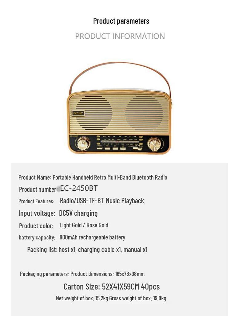 2450BT High-End Handheld Full Band Bluetooth Radio with Card Slot