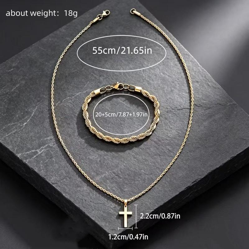 Temu Stainless Steel Hip Hop Cross Pendant Necklace & Bracelet Set