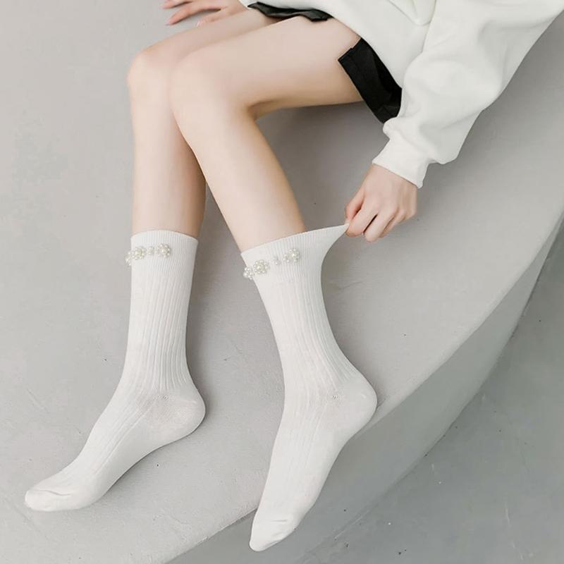Simple Pearl Knee High Socks Cotton Calf Socks Sweet Knee High Stockings Lolitas Princess Socks for Womens Girls Gifts