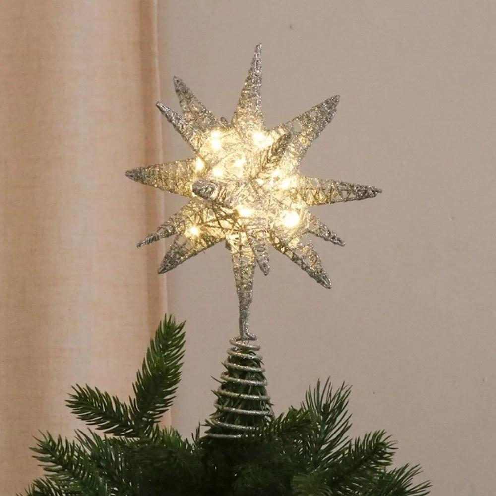 3D Glitzerstern Weihnachtsbaumspitze Eisen Hohl Schneeflocken Weihnachtsbaumschmuck Leuchtend Partydekoration Leuchtende Baumspitze