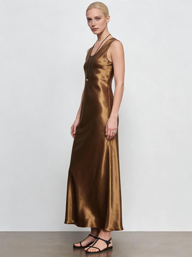Elegant Satin Slim-Fit U-Neck Sleeveless Dress for Seaside Vacations