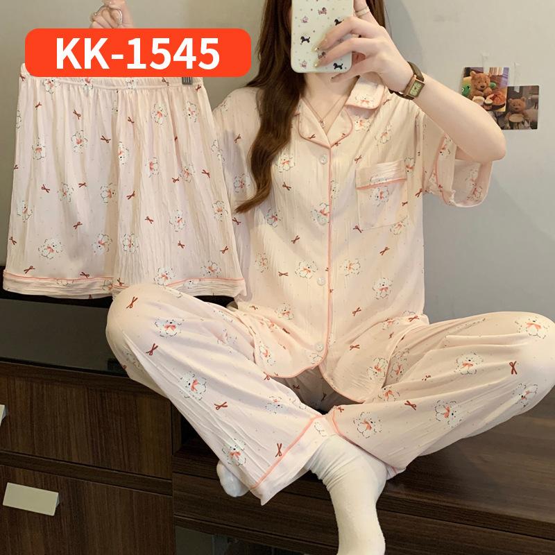 Retro Small Floral High-End Wrinkled Cloth Pajamas Women'S Summer Casual Homewear Short-Sleeved Three-Piece Set