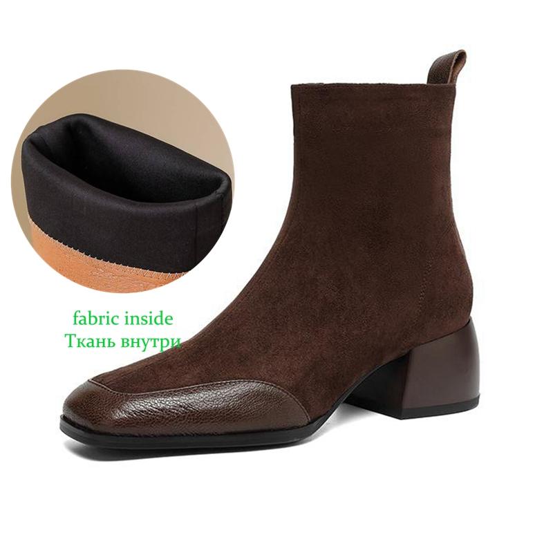 Krazing Pot Sheepskin Flock Winter Square Toe Chunky Heels Chelsea Fashion Boots Women Zip Patch Work Women Ankle Boots