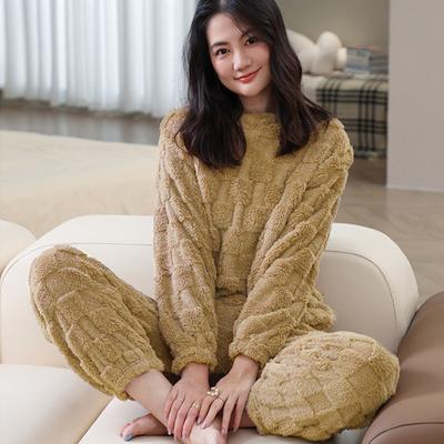 2 Pcs/Set Winter Pajamas Set Thickened Coral Fleece Checked Texture Round Neck Long