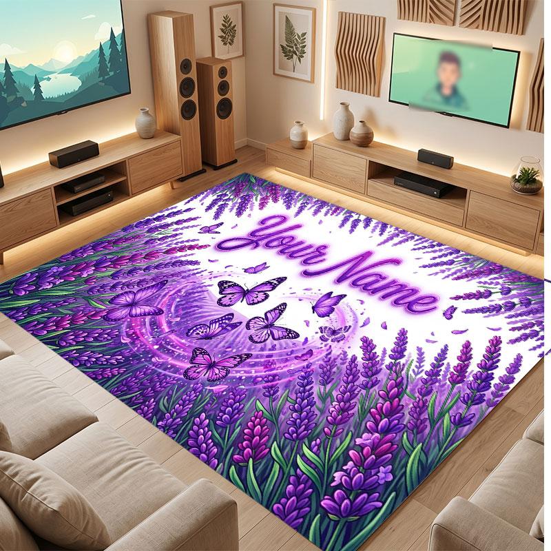 Butterfly Theme Crystal Velvet Floor Rug Personalized Custom Name Text Warm Carpet Home Decoration