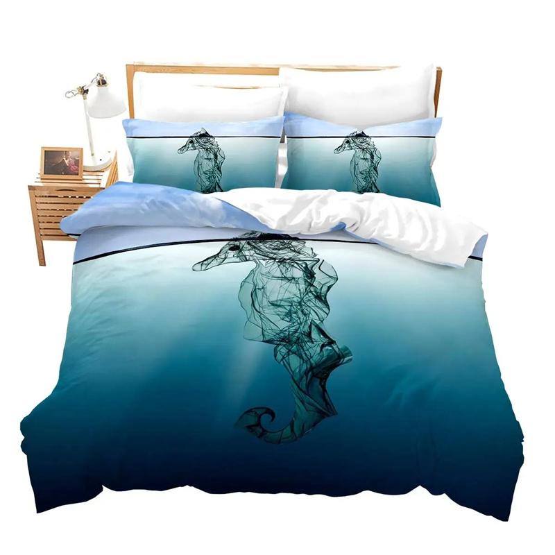 Seahorse Duvet Cover Marine Ocean Animal Print Bedding Set Mediterranean Teal Theme for Kids Women Gifts