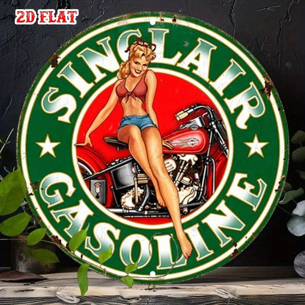 Vintage Round Metal Sign Retro Pin Up Girl Motorcycle Garage Decor Biker Gift 20cm