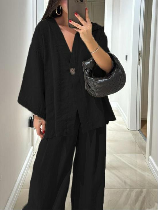 2025 Women's Casual V-neck Top & High-waisted Pants Set