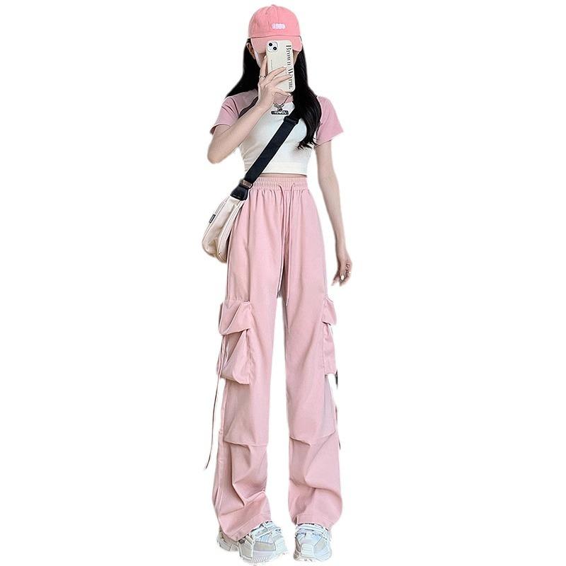 Women's Quick-Dry Pink Parachute Overalls - High-Waisted, Wide-Leg Casual Sports Pants for Spring/Summer 2024
