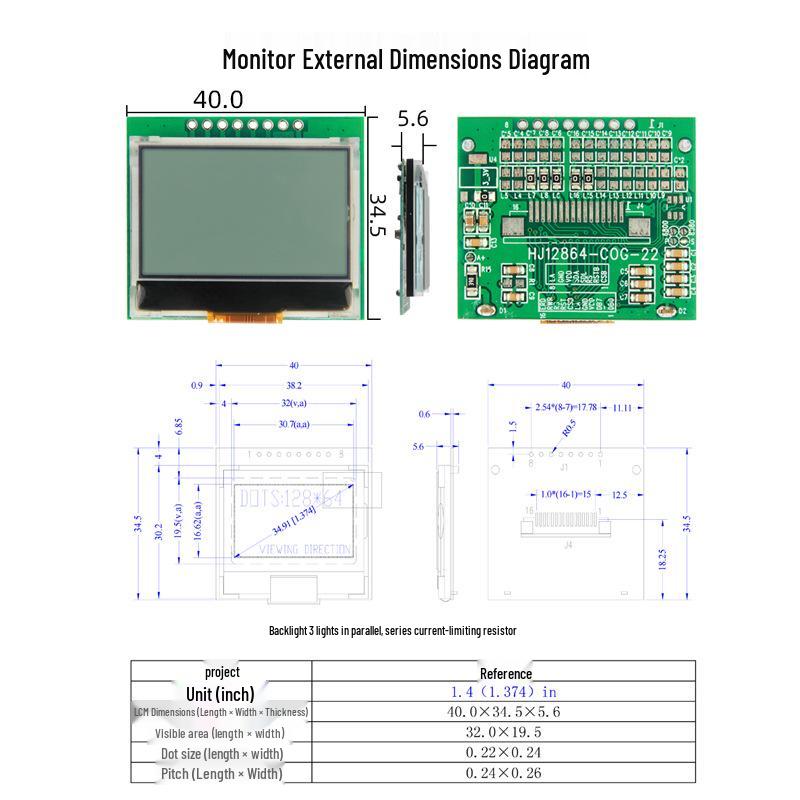 1.4-Inch LCD Display, 128x64 Resolution, COG Screen, SPI Serial, ST7567 Driver