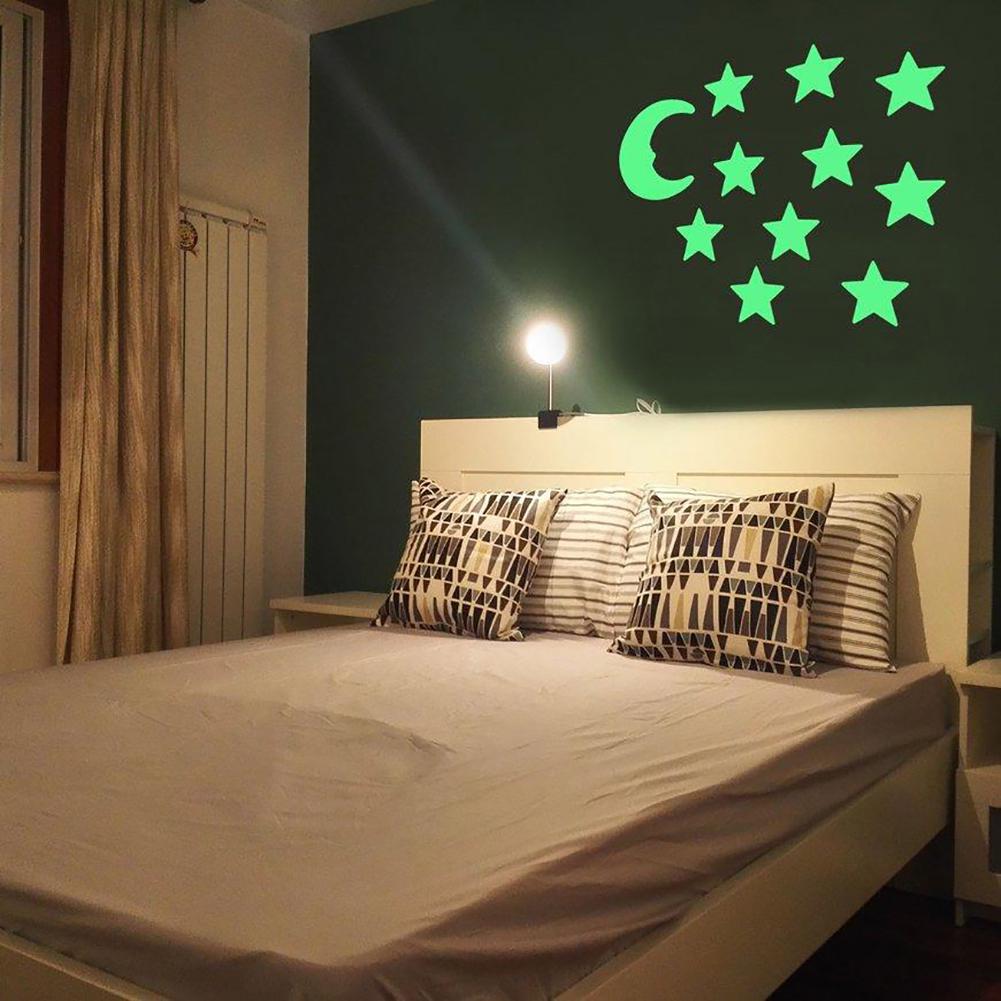 Fashionable 12Pcs Stars Moon Glow In Dark Fluorescent Decal Wall Stickers Home Decoration