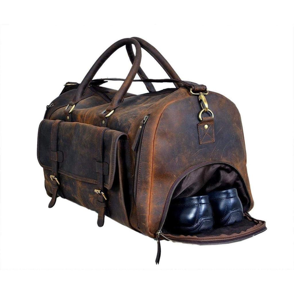 24 Inch Genuine Leather Duffel | Travel Overnight Weekend Leather Bag | Sports Gym Duffel for Men With Leather Toiletry Combo