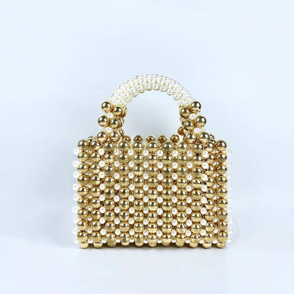 Advanced Mobile Phone Bag with Gold Round Beads, Acrylic Handheld Beaded Handmade Women's Bag, Fashionable Casual Dinner Bag