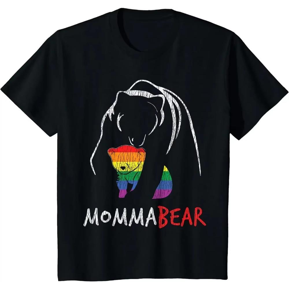 Vintage Rainbow Mama Bear Hug Love Support Parent Pride LGBT T-Shirt Four Seasons Daily Casual Cotton Tees Oversized T Shirt