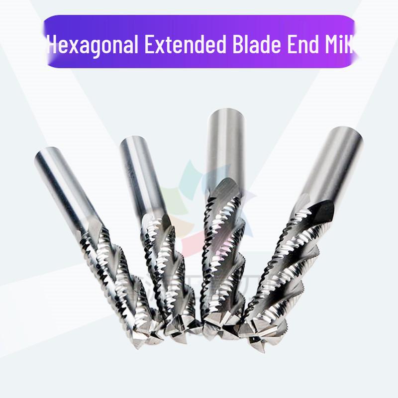 He Ye Straight Shank Extended 6-Flute Coarse Wave Blade Milling Cutter, Super Hard, Sizes 8-20 mm.