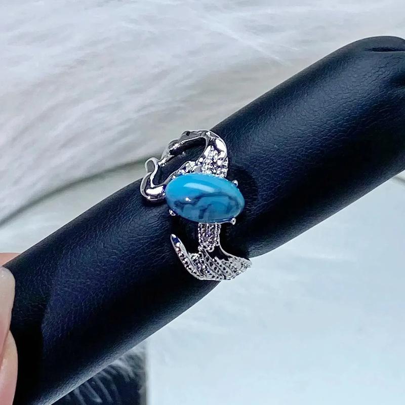 Celebrity Hong Kong Style High-End Egg-Type Turquoise Open Ring Light Luxury Niche Design Temperament Stacked With Personalized Rings