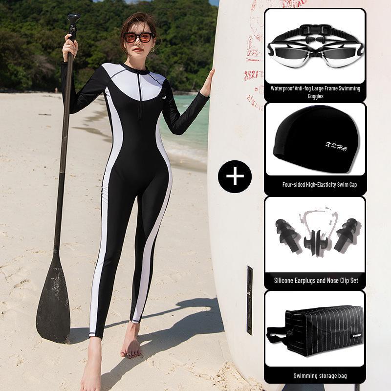 2026 Women's Long Sleeve Slimming Rash Guard Wetsuit - Full Body Sun Protection, Tummy Concealing, Long Pants, Customizable for Snorkeling.