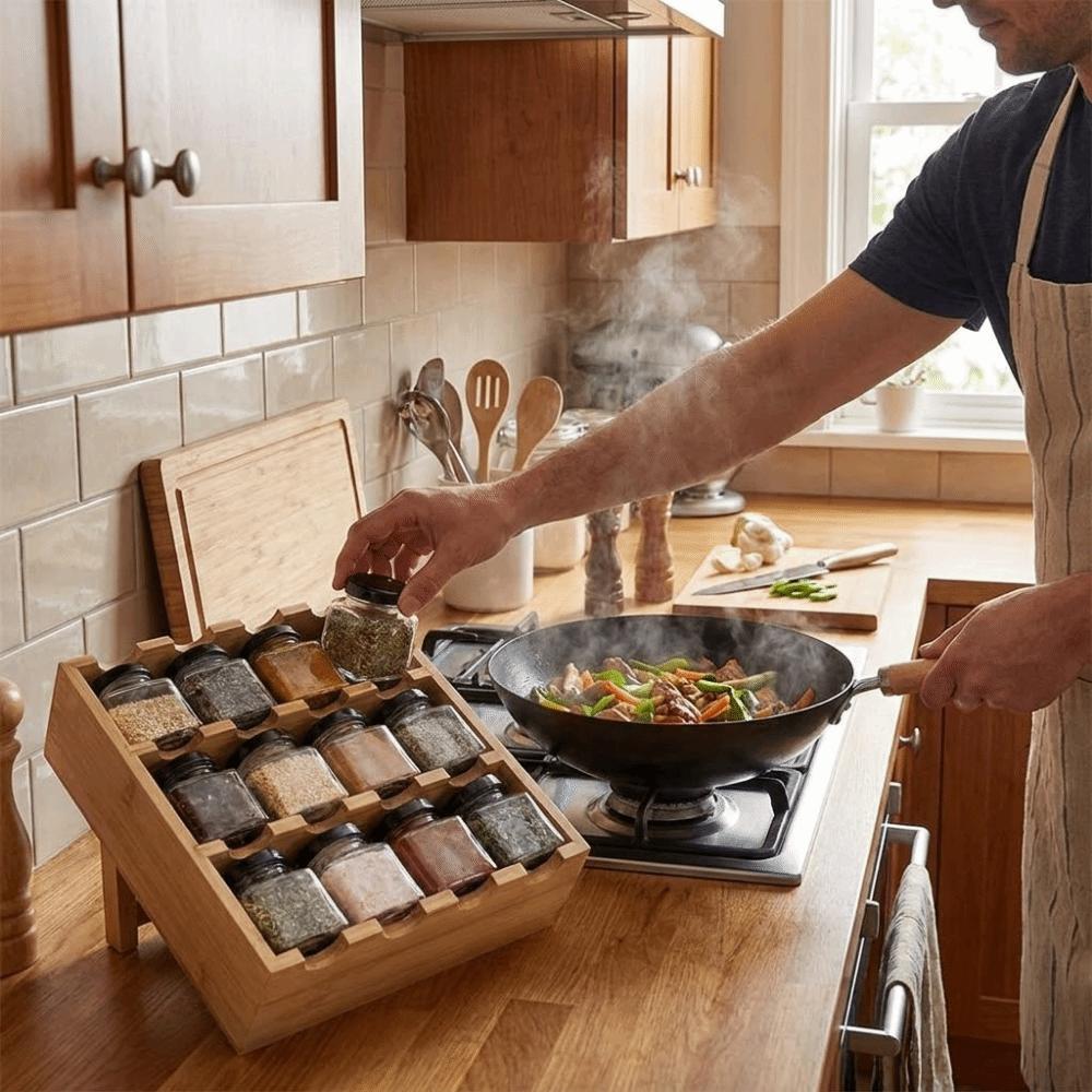 Wooden 12 Grids Spice Rack Space Saving Large Capacity Condiment Storage Shelf with Storage Jars Spice Organizer For Kitchen