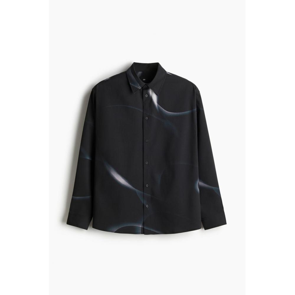 H M Crinkle oversHirt Loose Fit Black Patterned