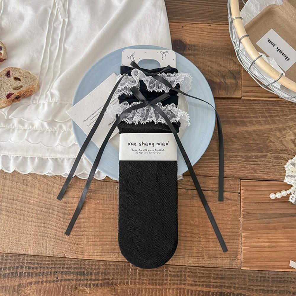 Fashion Hollow Lace Lace Calf Socks Bowknot Detail Breathable Fishnet Stockings High Elastic Thin Lolita Socks Daily Wear