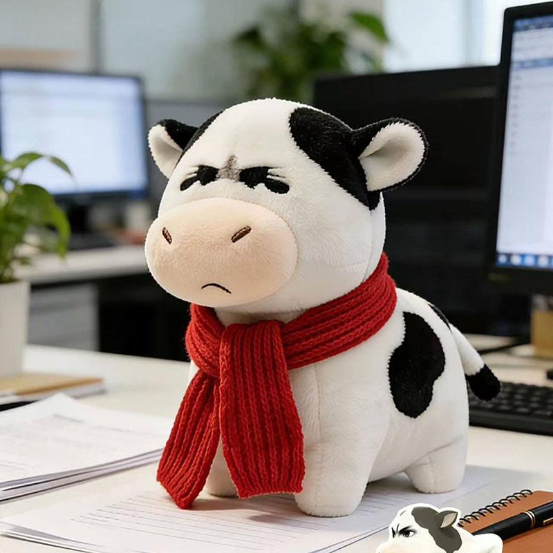 Cute Cow Plush Toy With Red Scarf Soft Stuffed Cow Doll Funny Grumpy Face Cow Plushie For Kids Adults Home Decor Festival Gift
