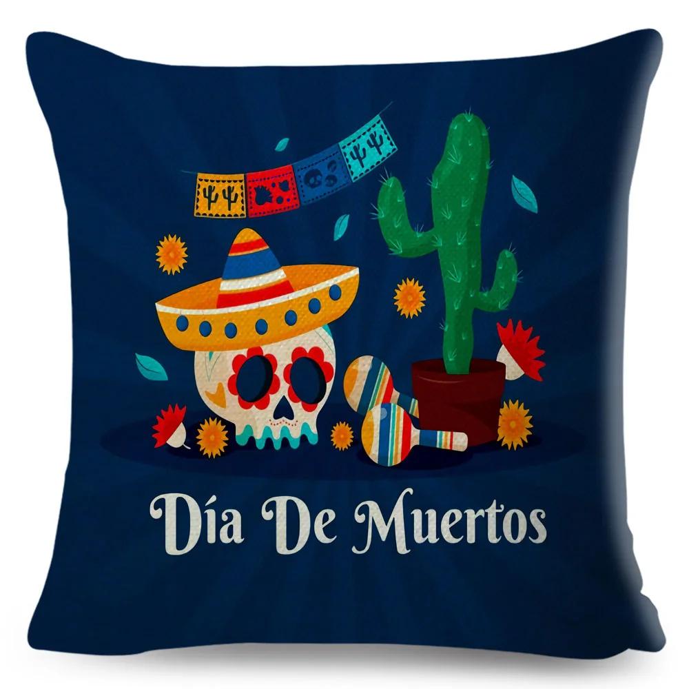 Day Of The Dead Pillowcase Decor Cartoon Mexico Flower Skull Print Cushion Cover for Sofa Home Polyester Pillow Case 45x45cm