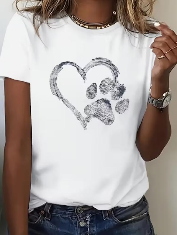 Women Pet Lover Graphic T Shirt Brushed Texture Heart With Paw Print Round Neck Short Sleeve Soft Casual Dog Mom Everyday Tee