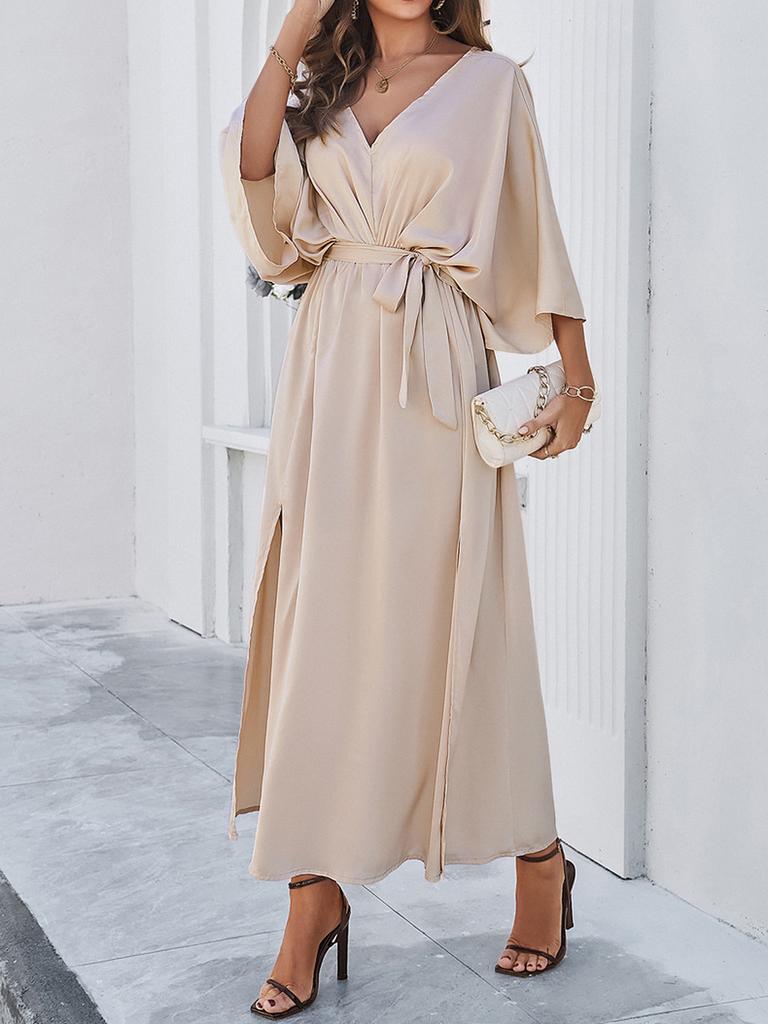 Damen Frühling Sommer Import Mode Elegant Hohe Taille V-Ausschnitt Locker Kleid