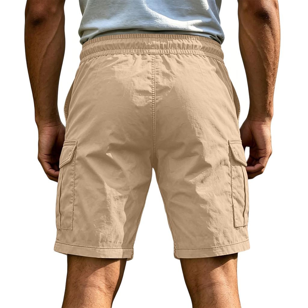 Men's Casual Cargo Shorts Elastic Drawstring Waist Multi-Pocket Summer Quick Dry Workout Solid Color Beach Short Pants