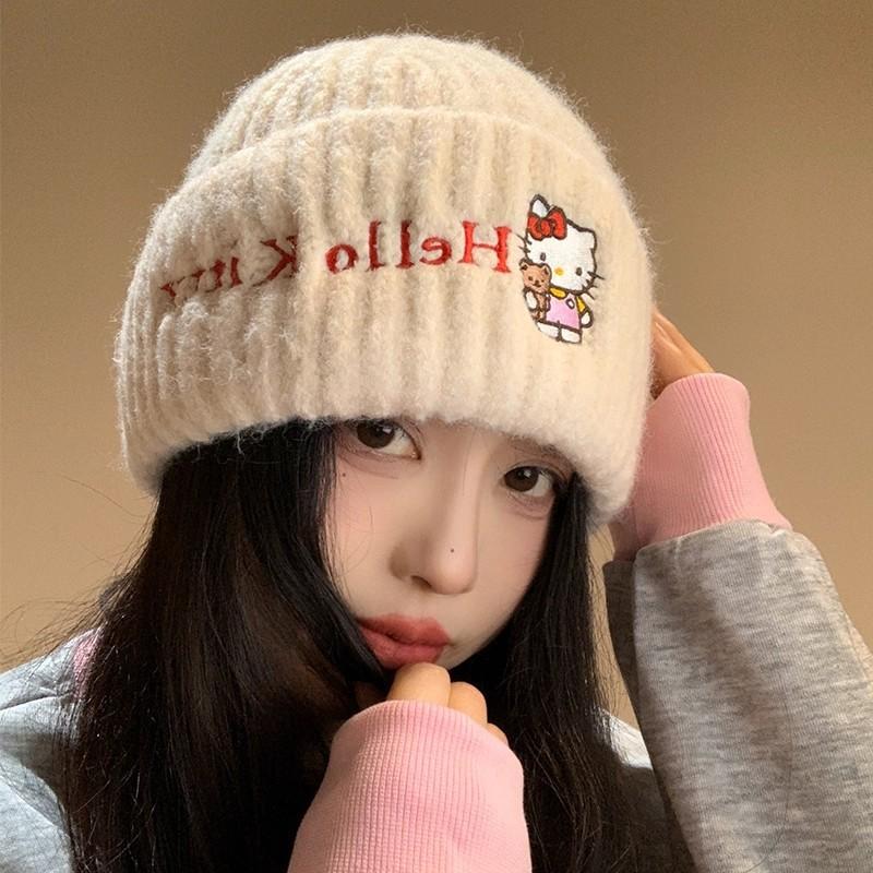 Hellokitty Knit Hat For Girls Cute Cartoon Warm Ear Protection Street Dance Accessory