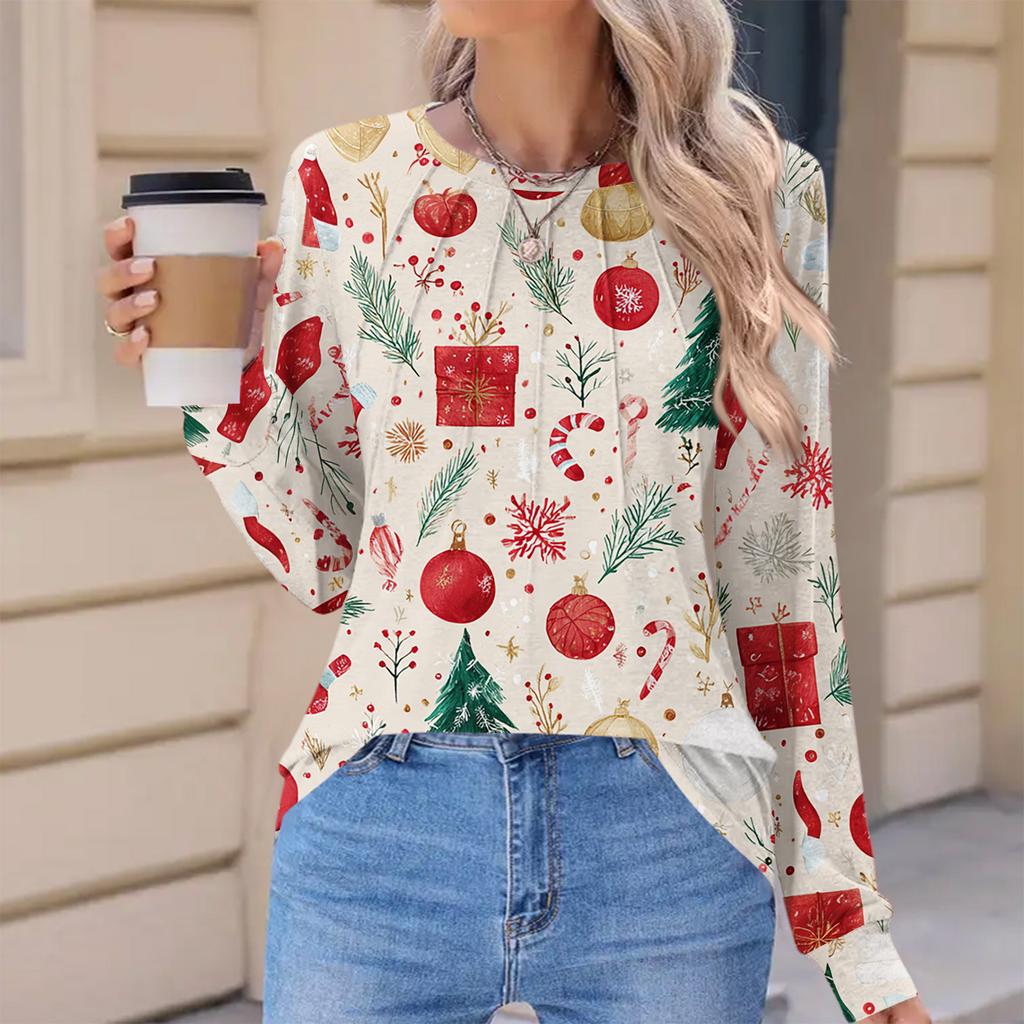 Women's Fashionable Casual Christmas Printed Pleated Comfortable Round Neck Loose Long Sleeve T-Shirt Top