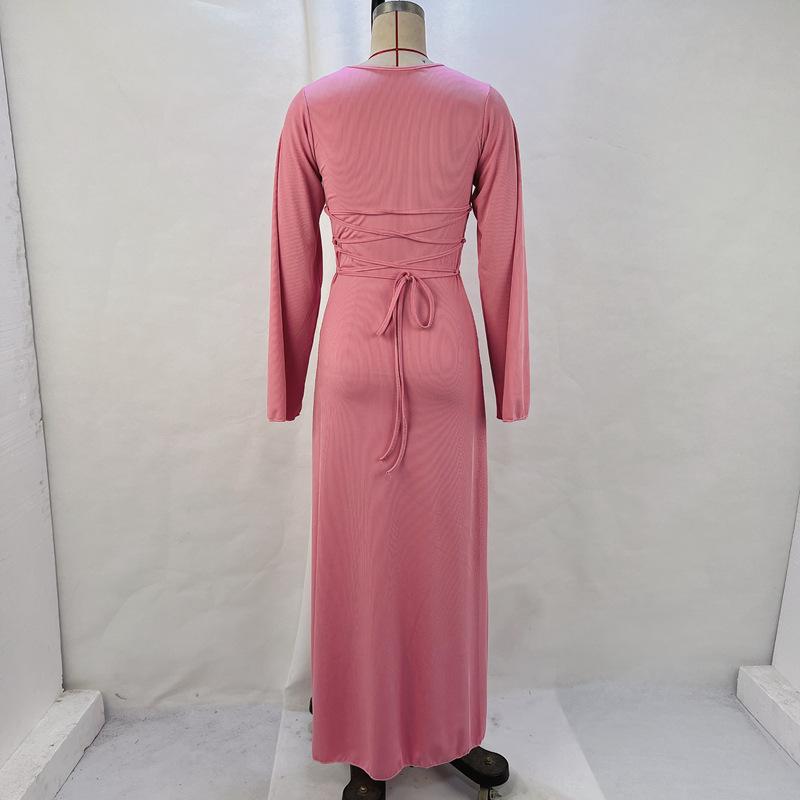 Women's Autumn Loose U Neck Back Tie Long Sleeve Dresses