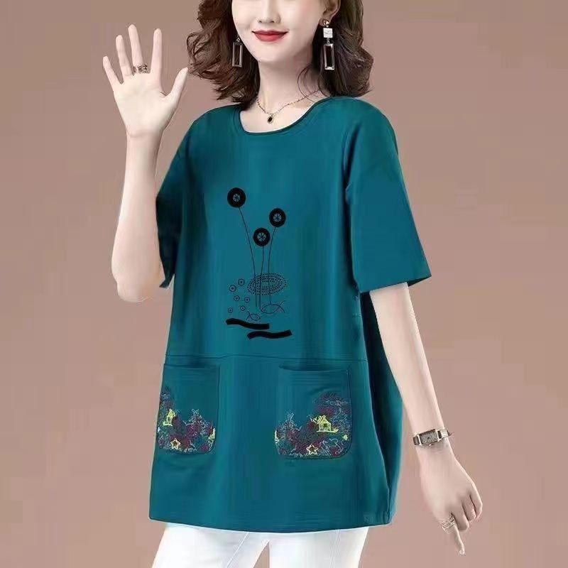 

Long Length Pure Cotton Short-Sleeved T-shirt for Women Summer New Arrival Loose Plus Size Middle-Aged Ladieswear Loose Tummy Hiding Slimming Tops Peacock Blue Lotus L Suggestion 42.5-52.5kg